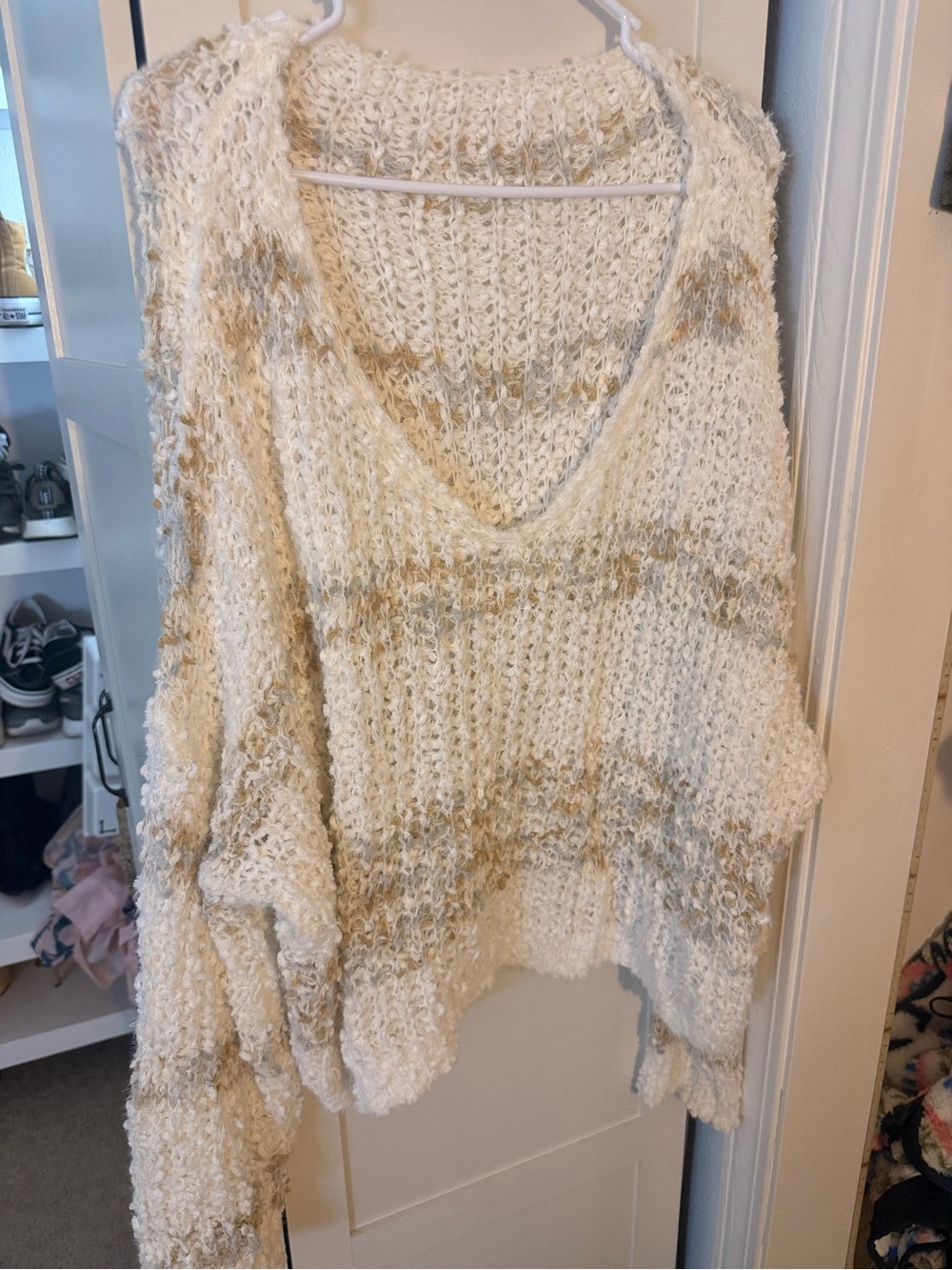 V-Neck Cream Knit Sweater with Subtle Tan Stripes